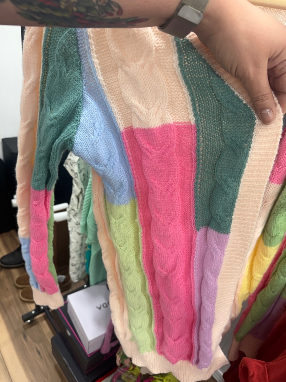 So Me Pastel Multi-Striped Open-Front Cable Knit Cardigan - Picture 3 of 7